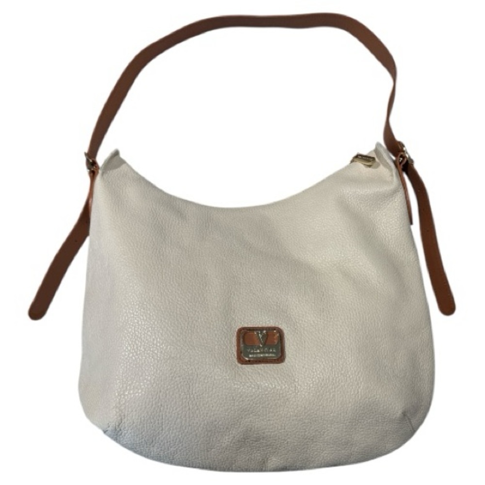 Valentina Italian Pebbled Leather Cream White Hobo Shoulder Bag Adjustable Strap